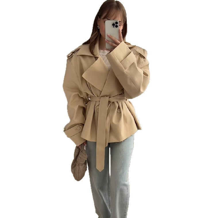 Oversized Belted Double Breasted Short Trench Coat