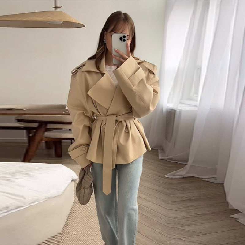 Oversized Belted Double Breasted Short Trench Coat