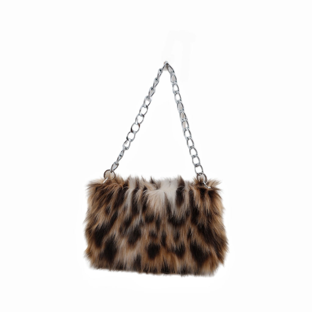 Fluffy Faux Fur Chain Shoulder Bag - Brown Leopard