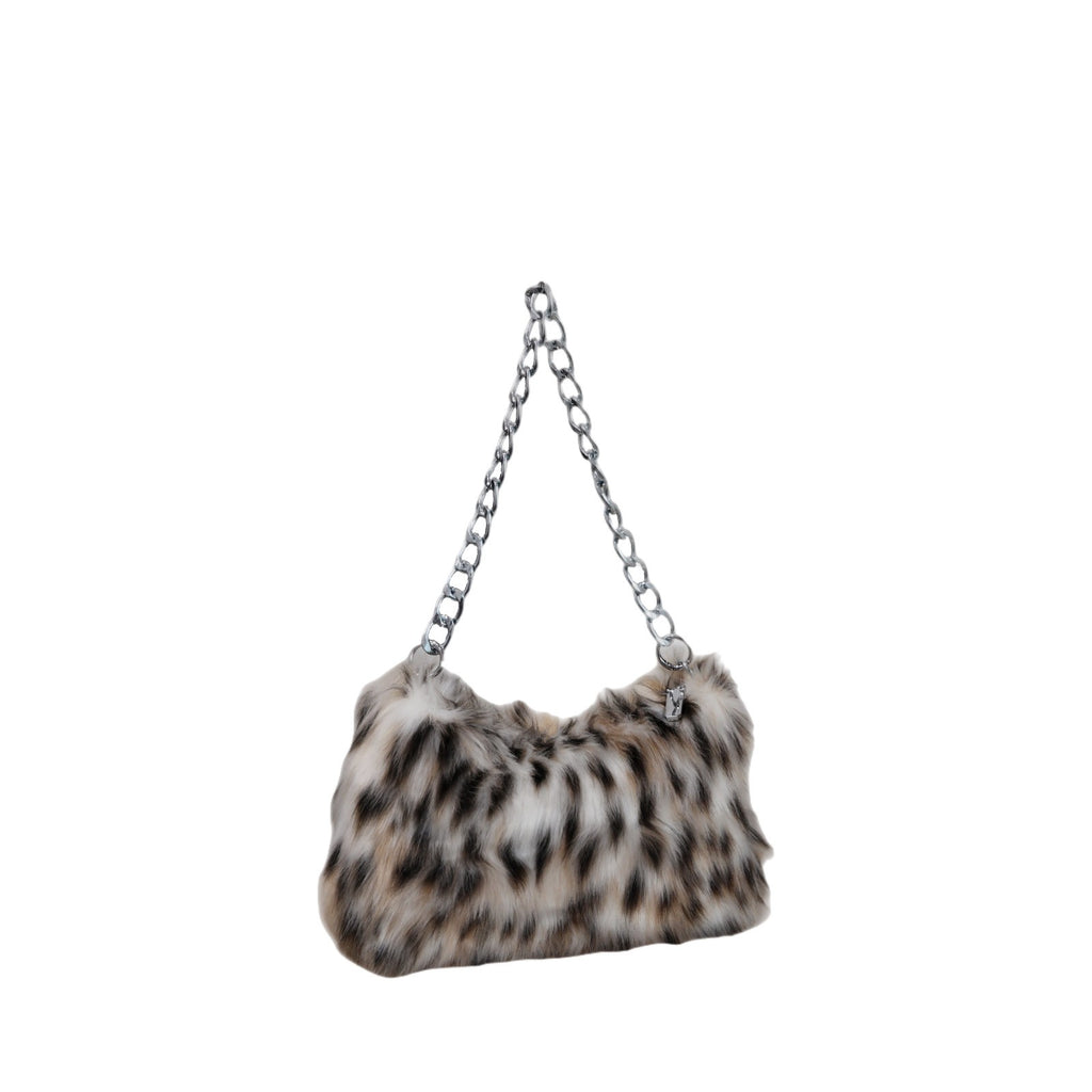 Fluffy Faux Fur Chain Shoulder Bag - Snow Leopard