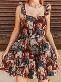 Ruffle Strap Horse Print Tiered Mini Dress - Multi