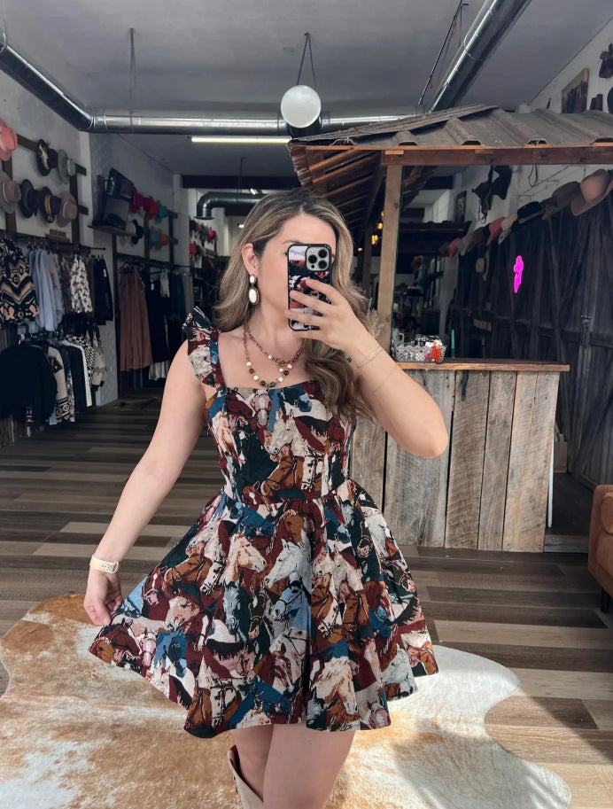 Ruffle Strap Horse Print Tiered Mini Dress - Multi - 1