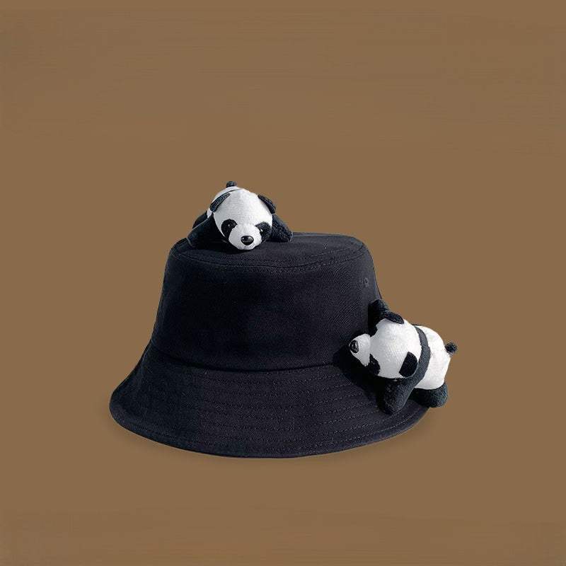 Panda Plush Charm Cotton Bucket Hat - Black