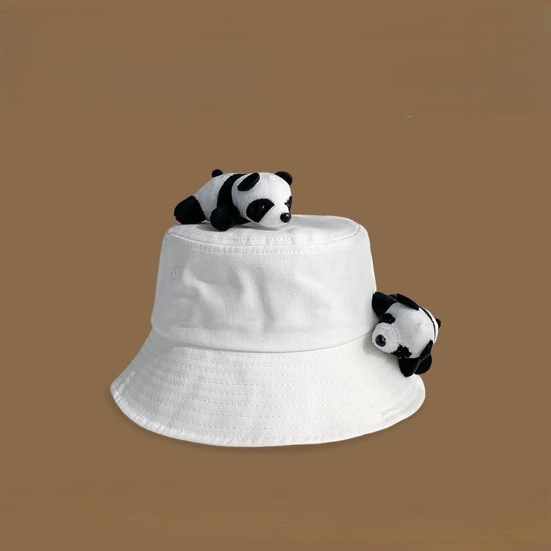 Panda Plush Charm Cotton Bucket Hat - White