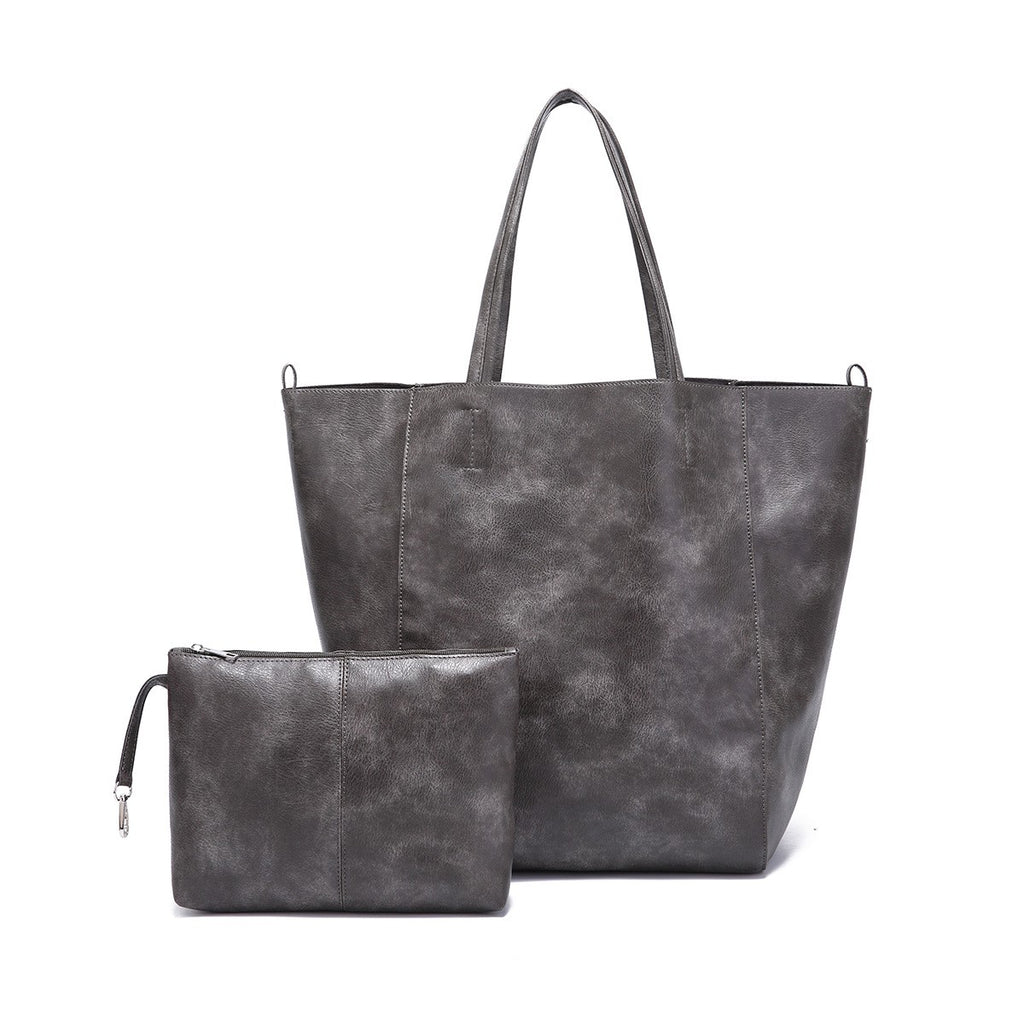 Oversized Vintage Faux Leather Tote with Pouch - Gray