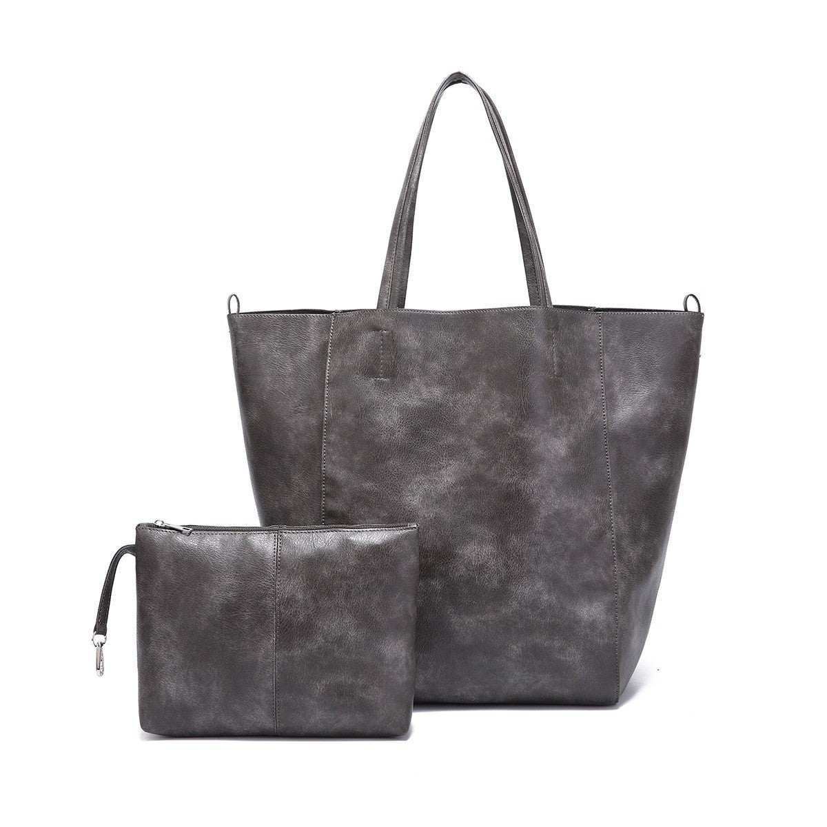 Oversized Vintage Faux Leather Tote with Pouch - Gray