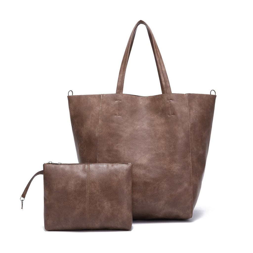 Oversized Vintage Faux Leather Tote with Pouch - Taupe