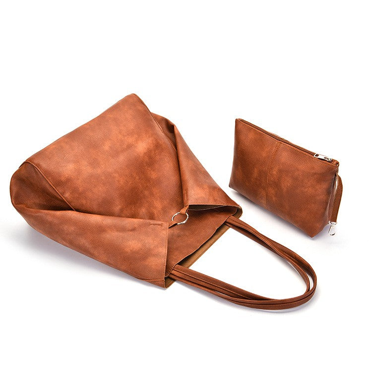 Oversized Vintage Faux Leather Tote with Pouch