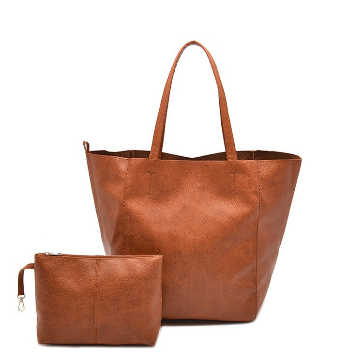 Oversized Vintage Faux Leather Tote with Pouch