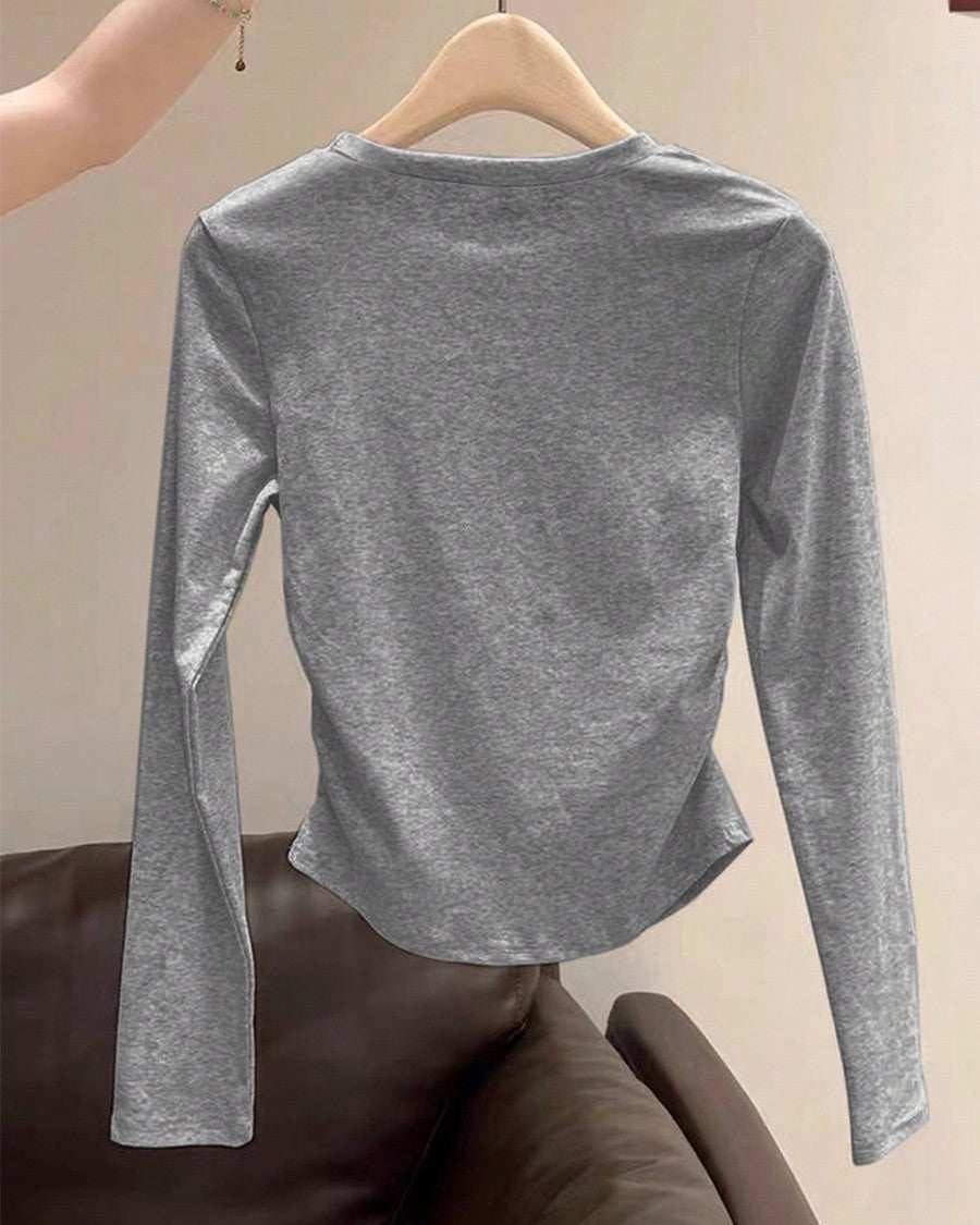 Bow Embroidered Ruched Long Sleeve Tee - Gray - 1