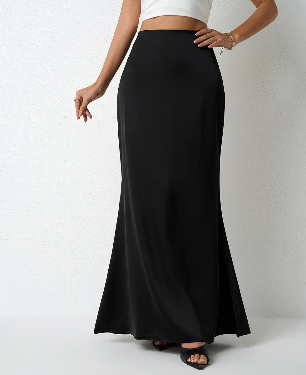 Satin Bias Cut Fishtail Maxi Skirt - Black