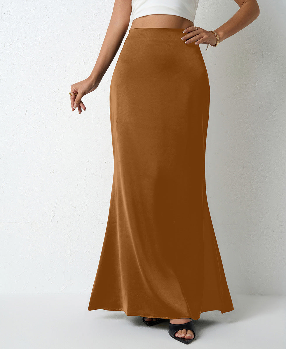 Satin Bias Cut Fishtail Maxi Skirt - Brown