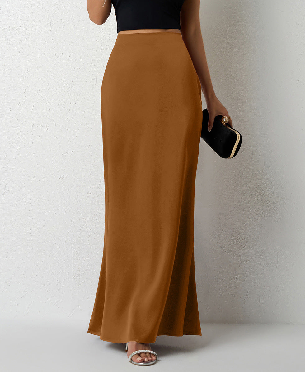 Satin Bias Cut Fishtail Maxi Skirt - Brown - 1