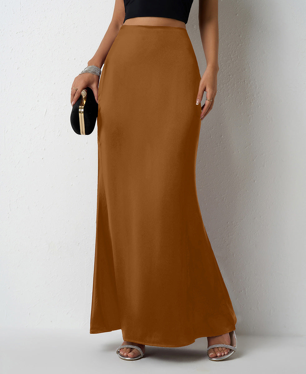 Satin Bias Cut Fishtail Maxi Skirt - Brown - 2