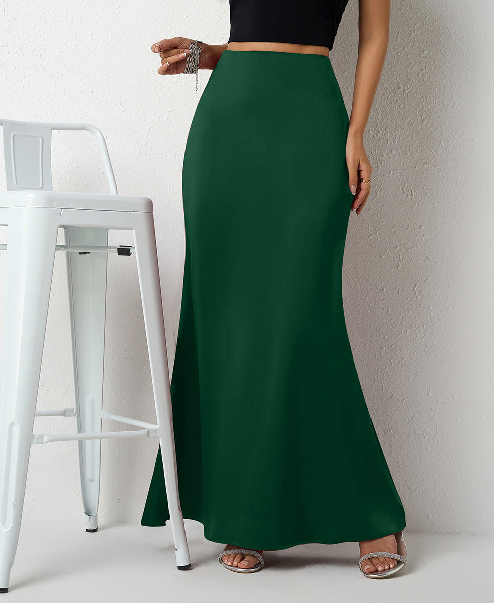 Satin Bias Cut Fishtail Maxi Skirt - DkGreen