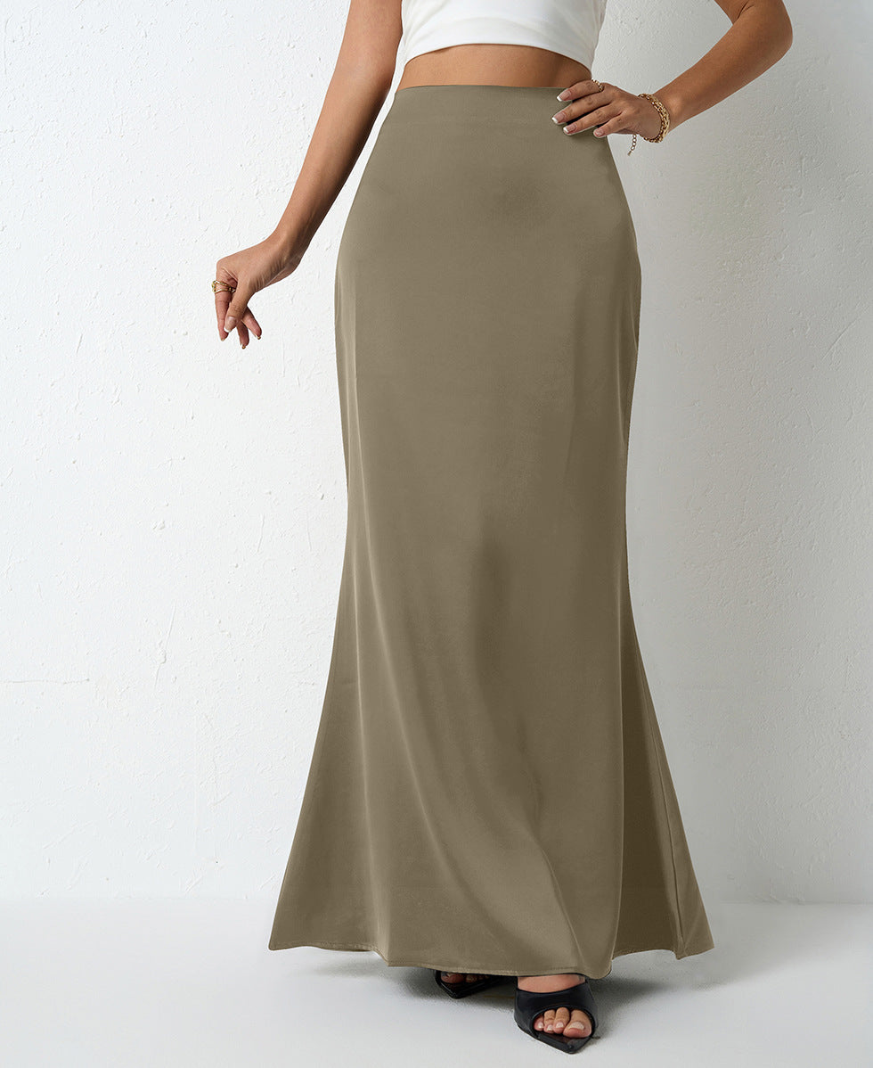 Satin Bias Cut Fishtail Maxi Skirt - Khaki