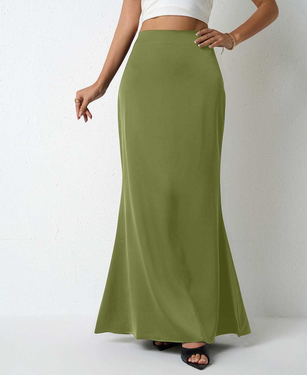 Satin Bias Cut Fishtail Maxi Skirt - Olive