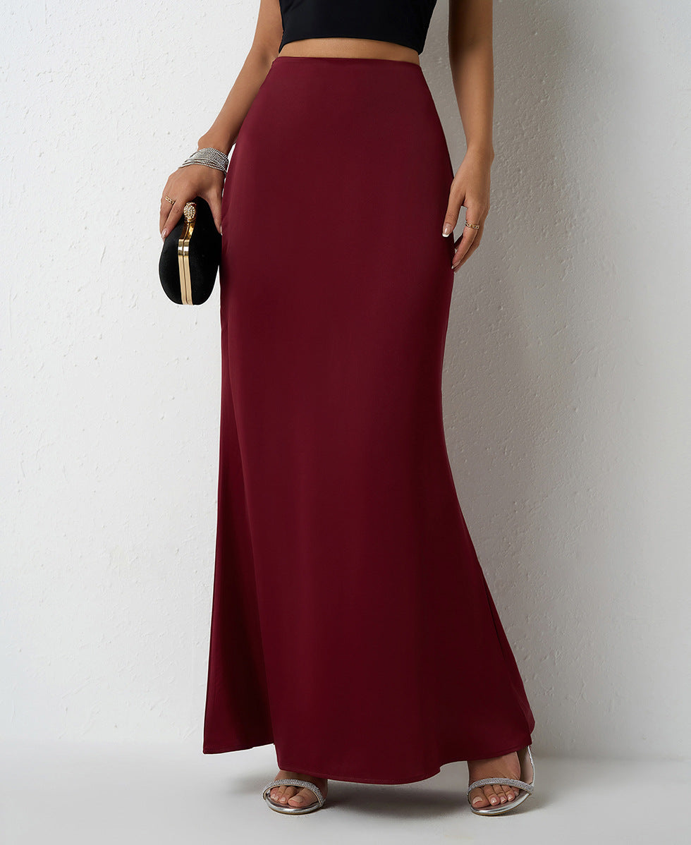 Satin Bias Cut Fishtail Maxi Skirt - WineRed