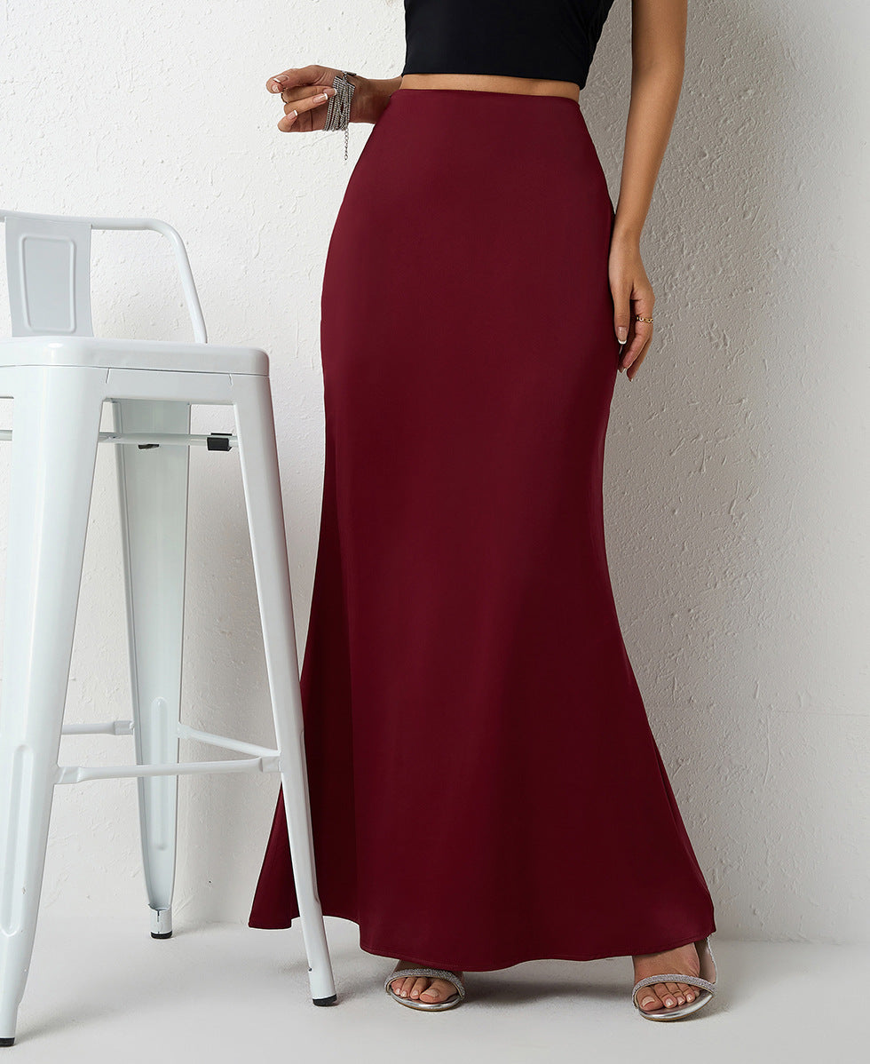 Satin Bias Cut Fishtail Maxi Skirt - WineRed - 1