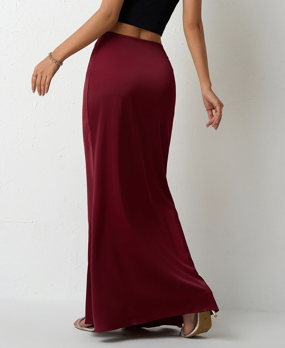 Satin Bias Cut Fishtail Maxi Skirt - WineRed - 2