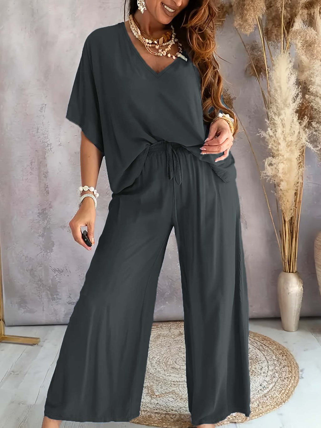 Batwing Sleeve Wide Leg Lounge Set