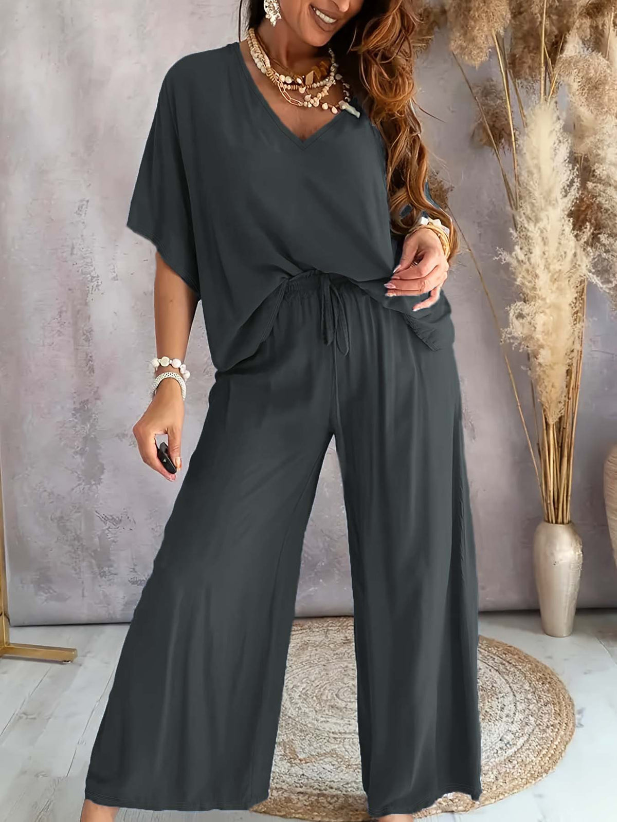 Batwing Sleeve Wide Leg Lounge Set