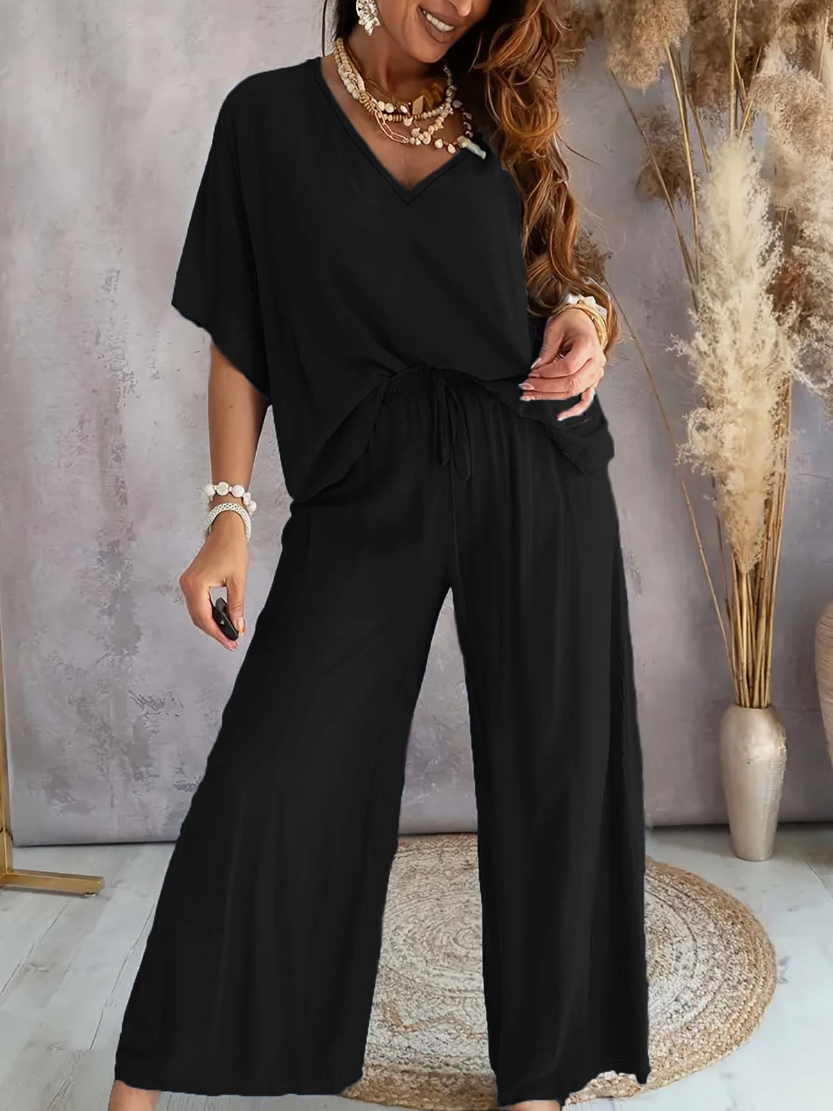 Batwing Sleeve Wide Leg Lounge Set - view 4