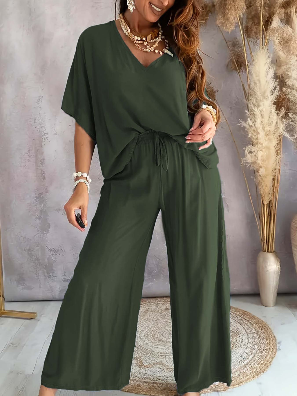 Batwing Sleeve Wide Leg Lounge Set - view 5