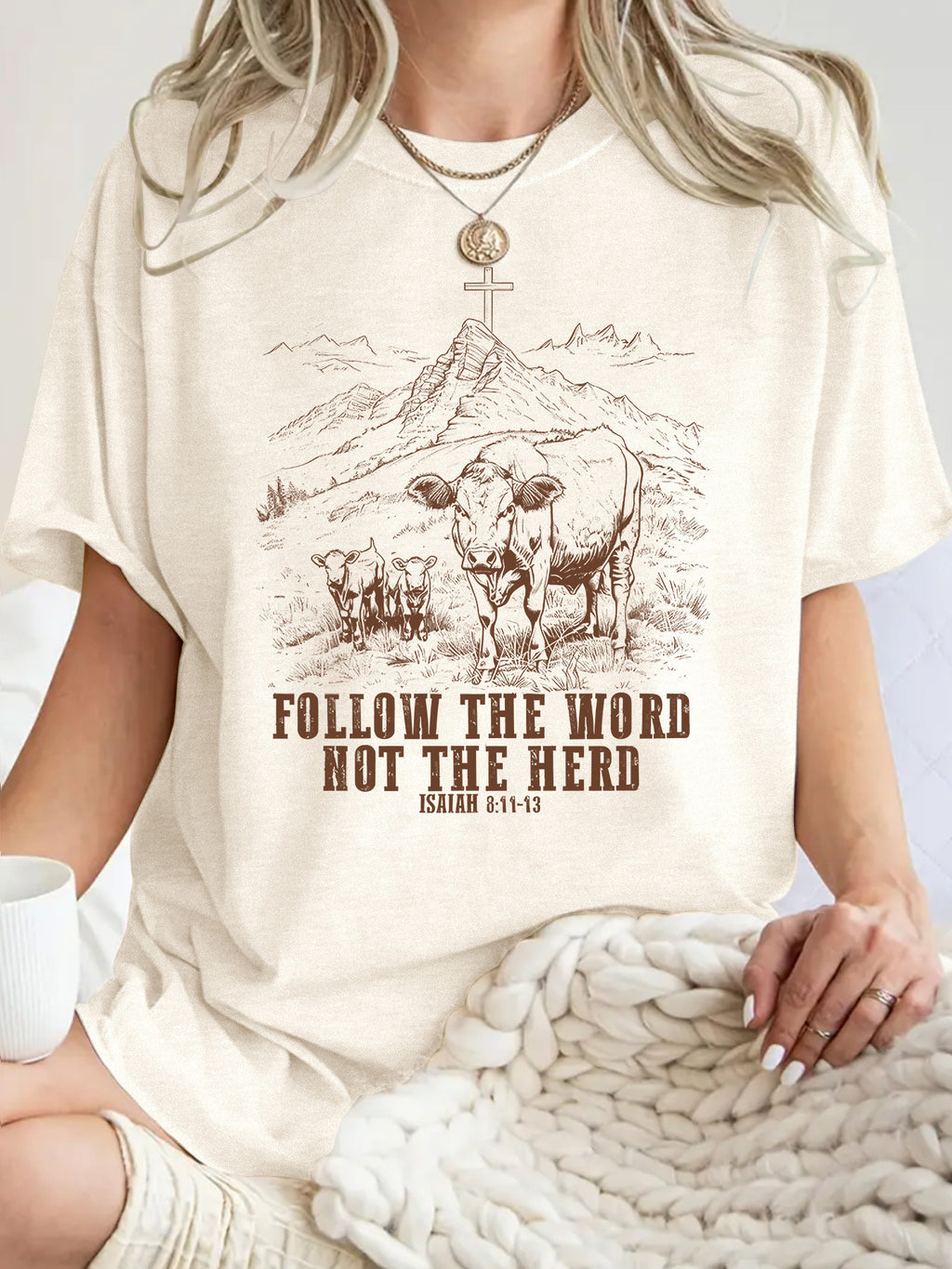 Western Cow Graphic Oversized Crew Tee - Apricot