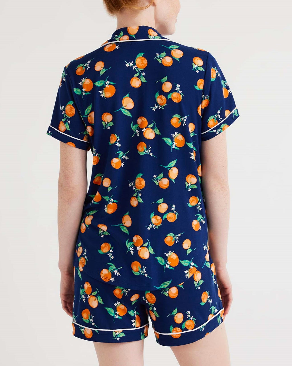 Fruit Print Piped Shirt and Shorts Pajama Set - DarkBlue