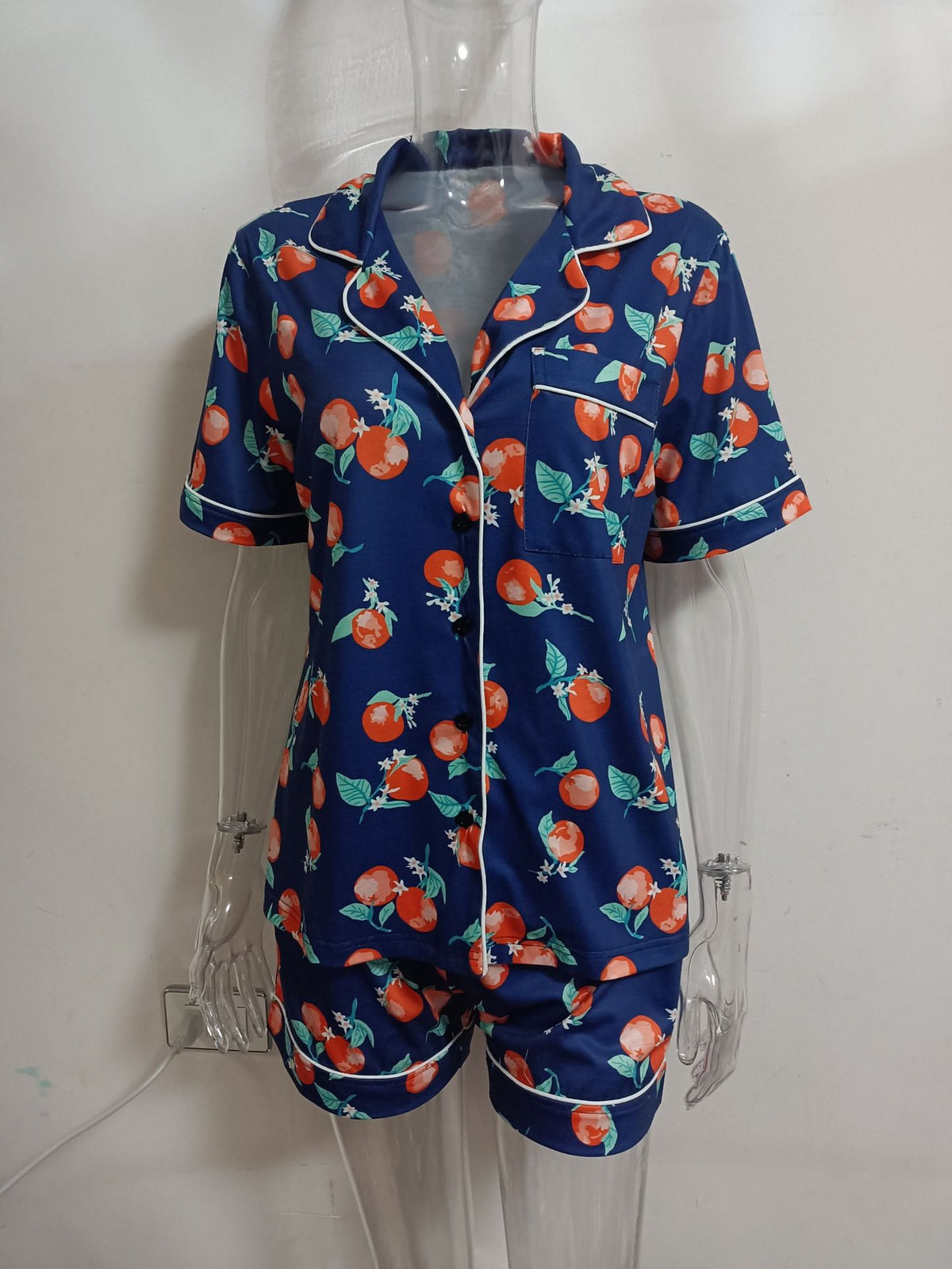 Fruit Print Piped Shirt and Shorts Pajama Set - DarkBlue - 1