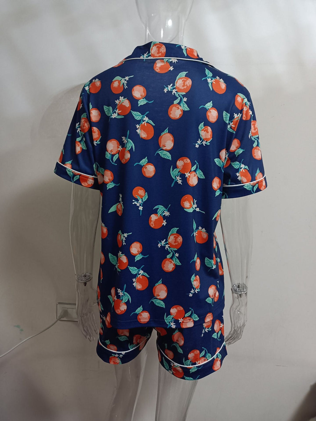 Fruit Print Piped Shirt and Shorts Pajama Set - DarkBlue - 2