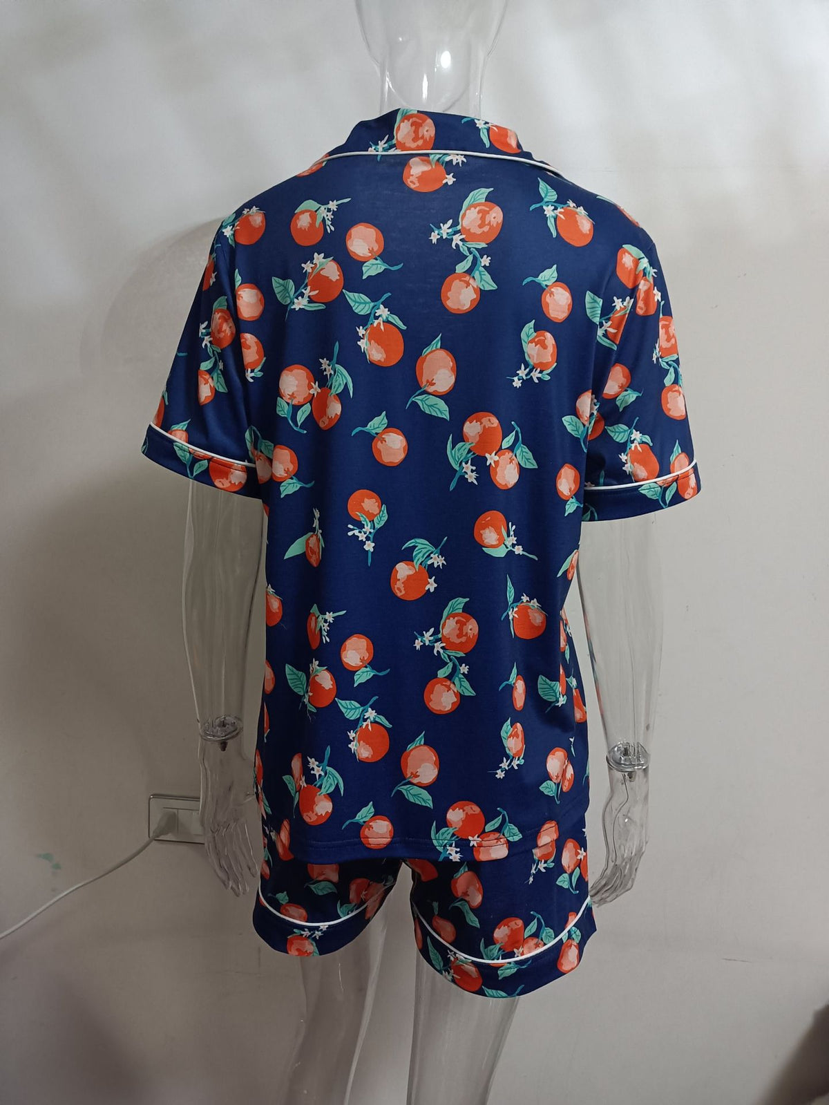 Fruit Print Piped Shirt and Shorts Pajama Set - DarkBlue - 2