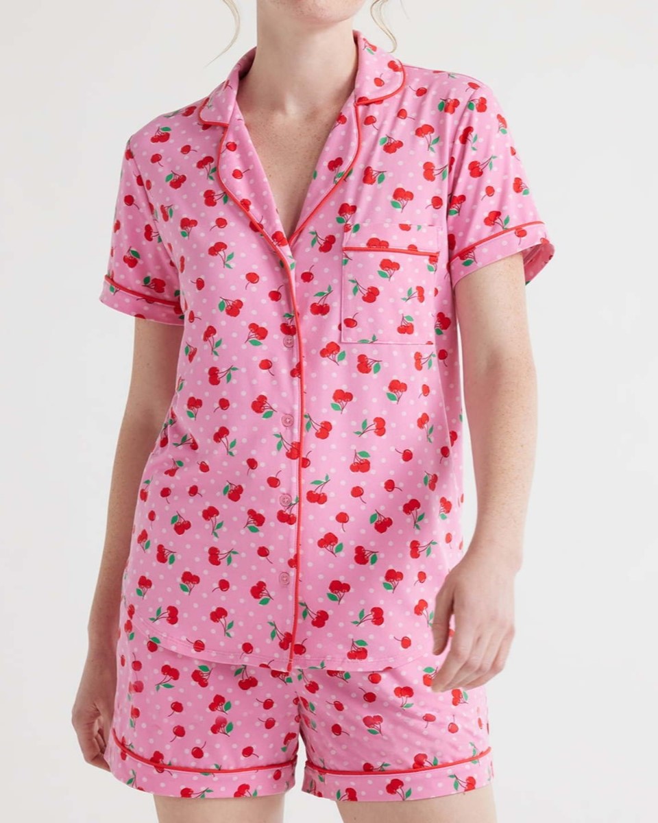 Fruit Print Piped Shirt and Shorts Pajama Set - Pink