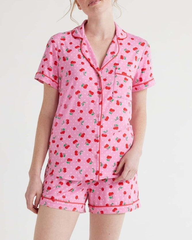Fruit Print Piped Shirt and Shorts Pajama Set - Pink - 1
