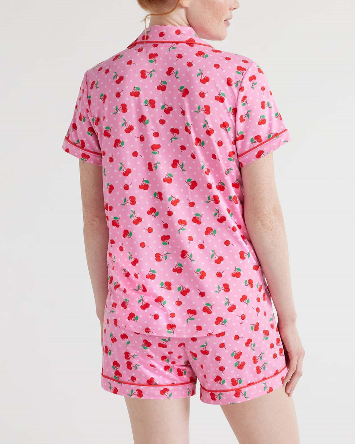 Fruit Print Piped Shirt and Shorts Pajama Set - Pink - 2