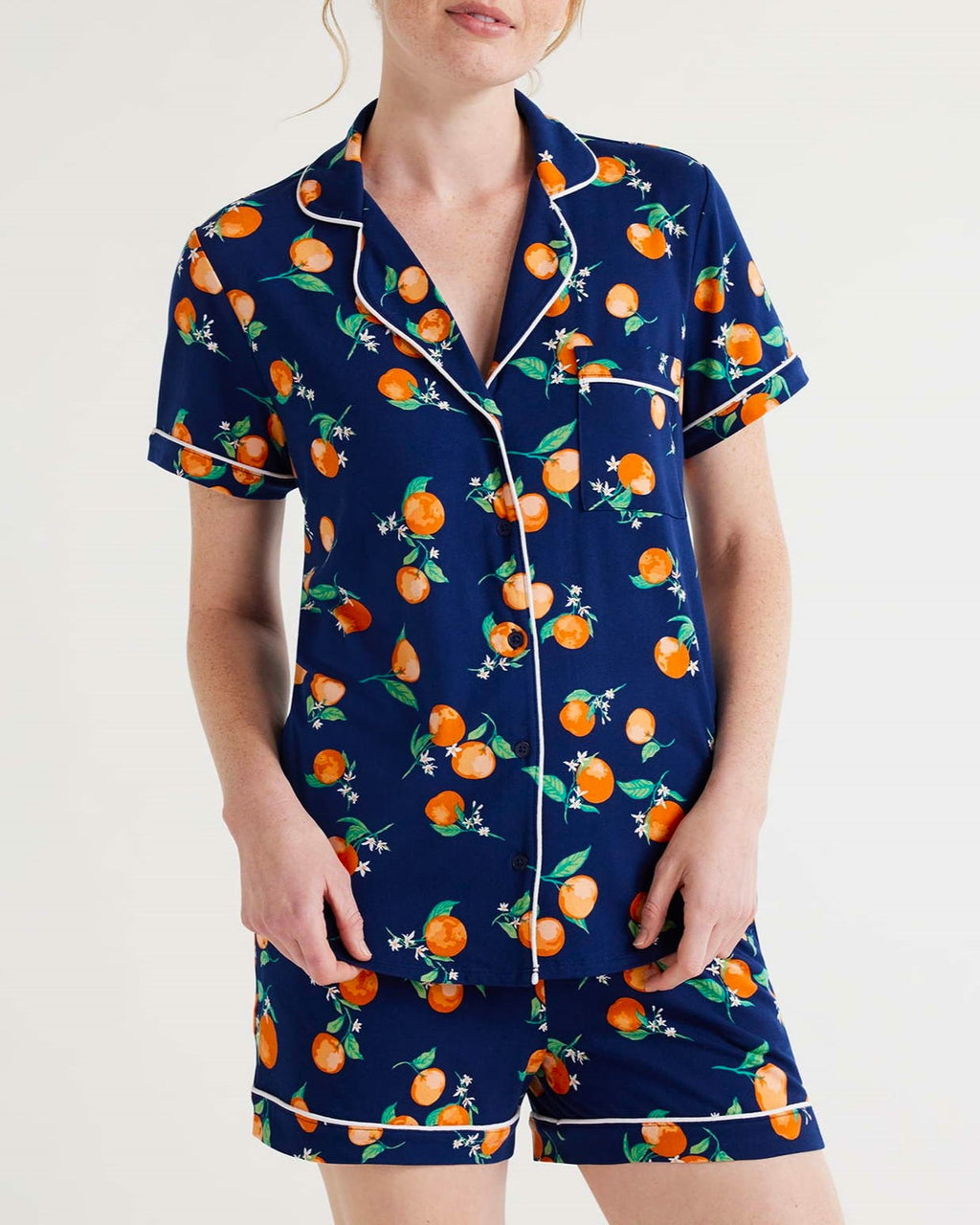 Fruit Print Piped Shirt and Shorts Pajama Set