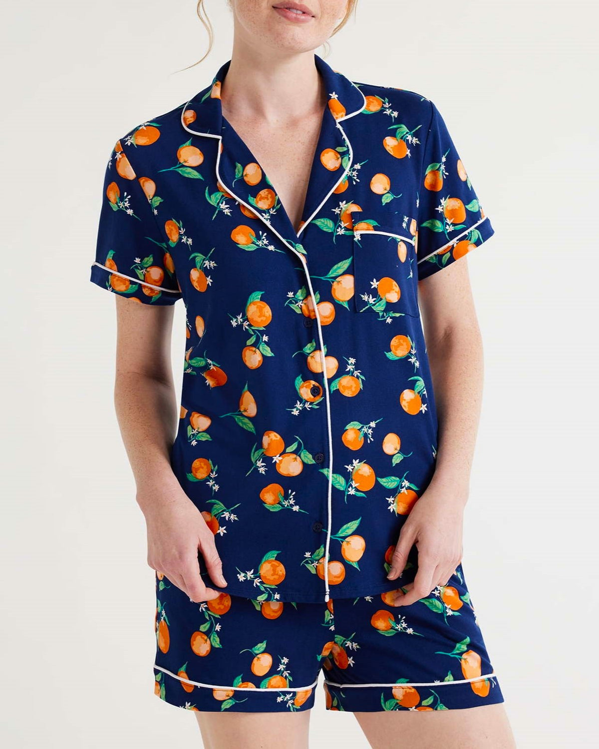 Fruit Print Piped Shirt and Shorts Pajama Set