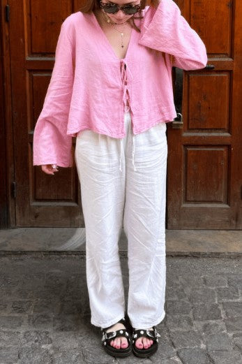Tie Front Linen Blend Beach Blouse - Pink