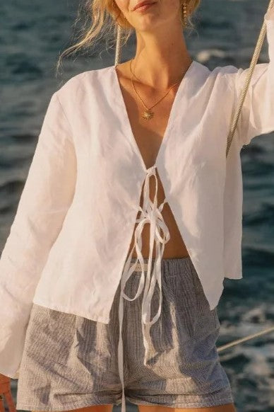 Tie Front Linen Blend Beach Blouse - White - 1