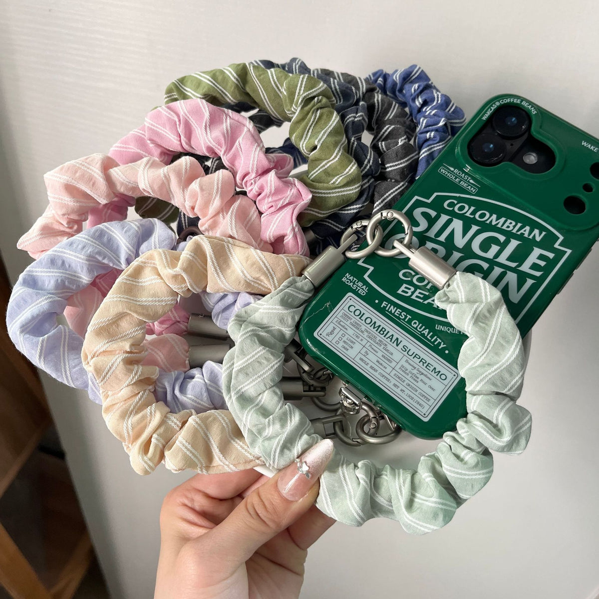 Pinstripe Scrunchie Wrist Lanyard for Phones - Blue - 3