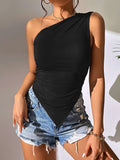 One Shoulder Ruched Asymmetric Hem Tank Top - Black