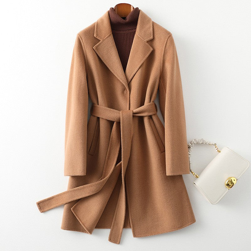 Double-Faced Wool Tie Belt Notched Lapel Midi Coat - Camel