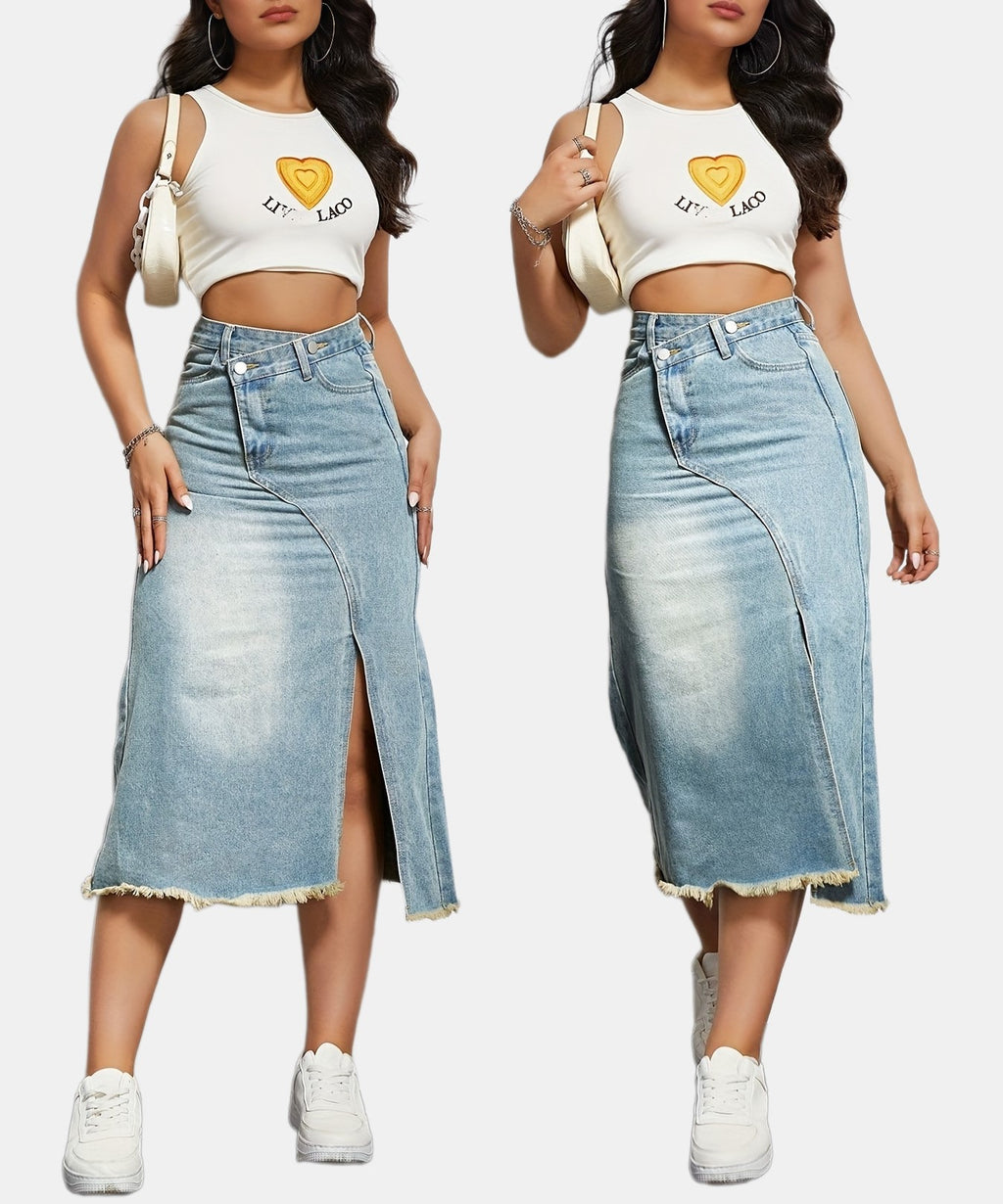 Raw Hem Front Slit Denim Midi Skirt - Light blue