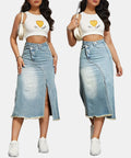 Raw Hem Front Slit Denim Midi Skirt - Light blue