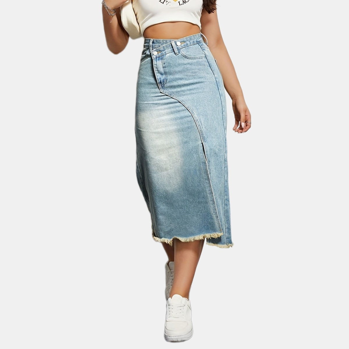 Raw Hem Front Slit Denim Midi Skirt - Light blue - 1