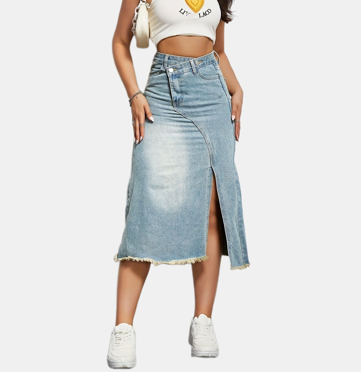 Raw Hem Front Slit Denim Midi Skirt - Light blue - 2