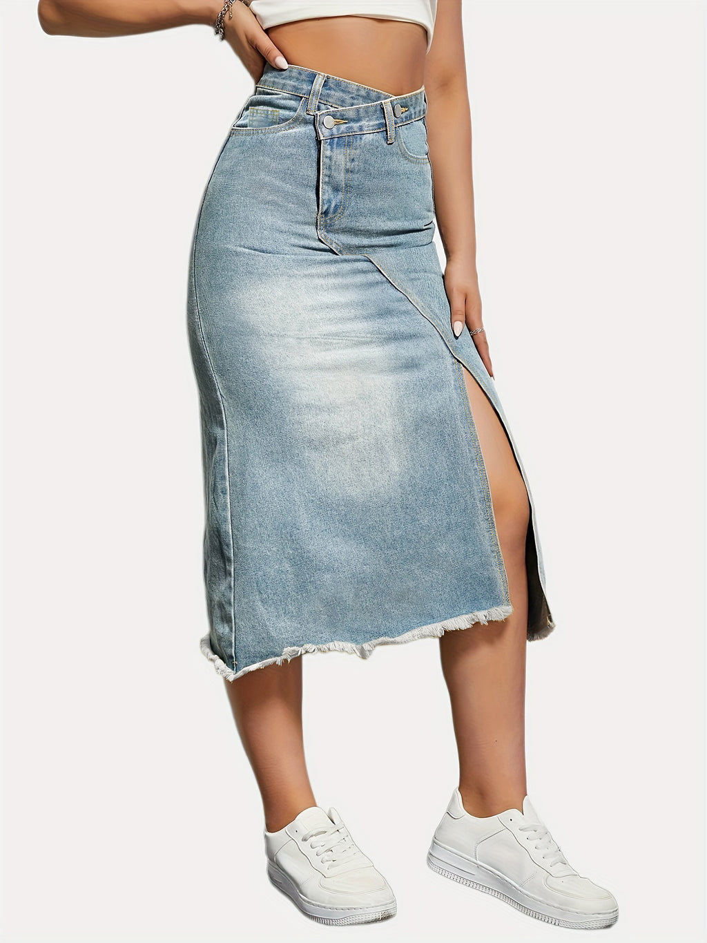 Raw Hem Front Slit Denim Midi Skirt - Light blue - 3