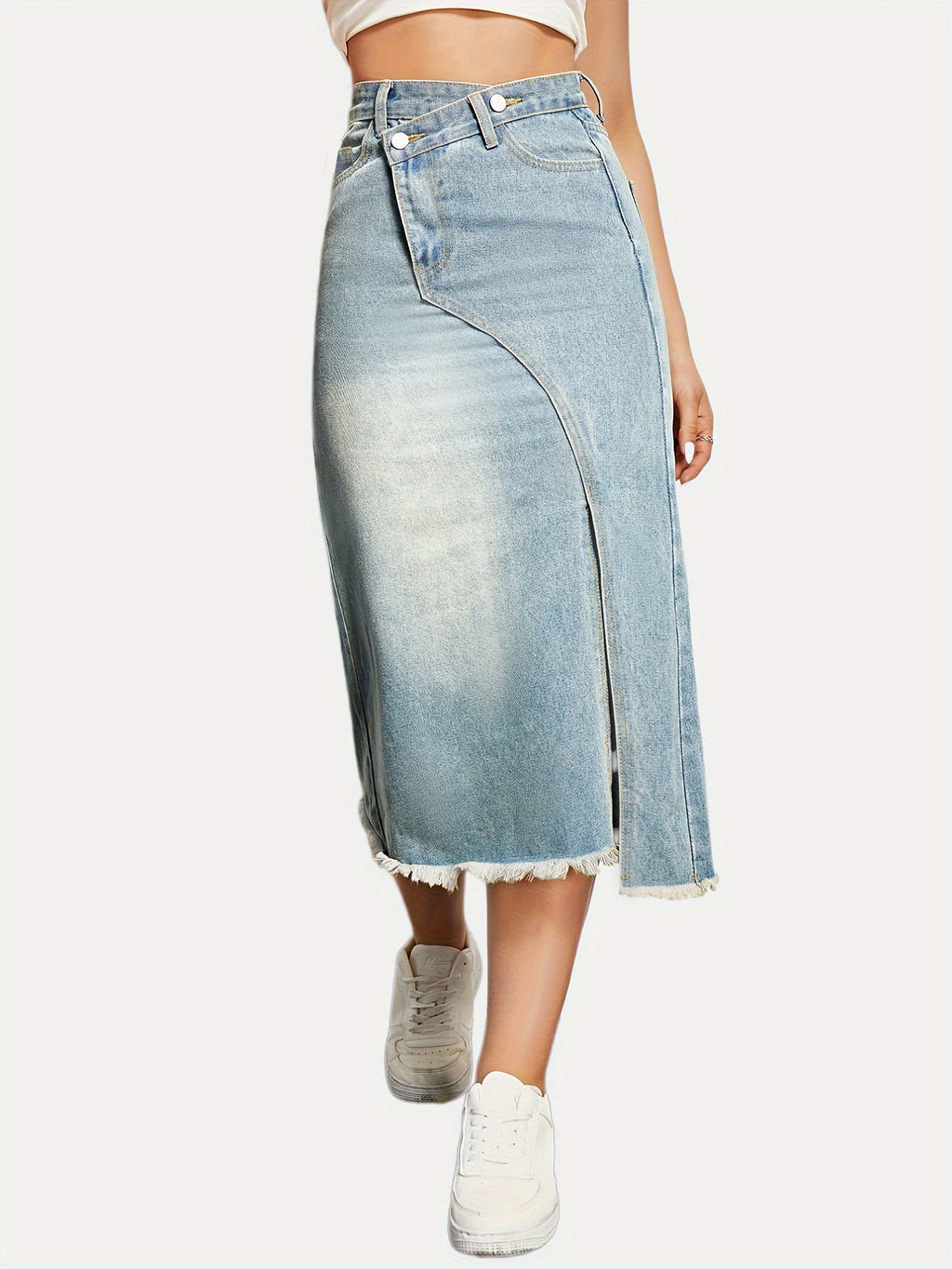 Raw Hem Front Slit Denim Midi Skirt - Light blue - 4