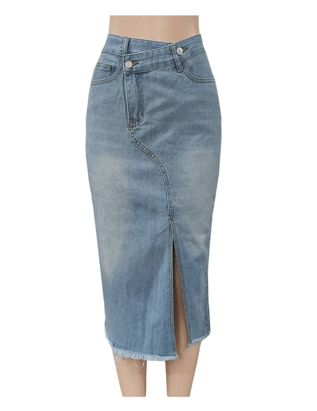 Raw Hem Front Slit Denim Midi Skirt